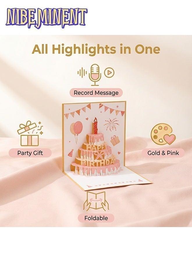 NIBEMINENT 3D Birthday Cards, Can Make a Recording Convey Your Blessings With Warm LED Light Birthday Cake Card, Music Greeting Cards Gift for Women Mom Wife Sister Girl - Image 3